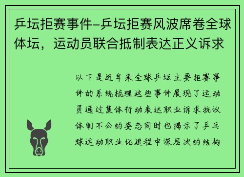 乒坛拒赛事件-乒坛拒赛风波席卷全球体坛，运动员联合抵制表达正义诉求
